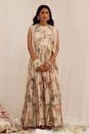Buy_Surkh Syahi_Beige Organza Round , Open Madhaniya Anarkali With Jacket _at_Aza_Fashions