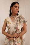 Buy_Surkh Syahi_Beige Chinon V-neck Madhaniya Draped Saree With Blouse _Online_at_Aza_Fashions