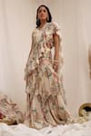 Shop_Surkh Syahi_Beige Chinon V-neck Madhaniya Draped Saree With Blouse _Online_at_Aza_Fashions