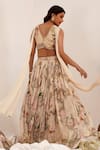 Shop_Surkh Syahi_Beige Organza V-neck Floral Print Lehenga Set _at_Aza_Fashions