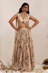 Buy_Surkh Syahi_Beige Organza V-neck Floral Print Lehenga Set _at_Aza_Fashions