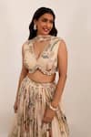 Surkh Syahi_Beige Organza V-neck Floral Print Lehenga Set _Online_at_Aza_Fashions