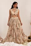 Buy_Surkh Syahi_Beige Organza V-neck Floral Print Lehenga Set _Online_at_Aza_Fashions