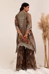 Shop_Surkh Syahi_Gray Chinon Mirrors Round Neck Aaina Asymmetric Kaftan Gharara Set _at_Aza_Fashions