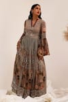 Surkh Syahi_Gray Chinon Mirrors V-neck Aaina Anarkali _Online_at_Aza_Fashions