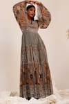 Buy_Surkh Syahi_Gray Chinon Mirrors V-neck Aaina Anarkali _Online_at_Aza_Fashions