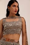 Surkh Syahi_Gray Chinon Mirrors Square Neck Aaina Printed Lehenga Set _at_Aza_Fashions