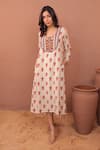 Buy_Surkh Syahi_Off White Cotton, Muslin Tassels, Embroidery Scoop Albeli Fish Pattern Dress _at_Aza_Fashions