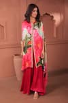 Surkh Syahi_Pink Silk, Cotton Round Neck Bageecha Asymmetric Cape Set _Online_at_Aza_Fashions