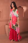 Shop_Surkh Syahi_Pink Silk, Cotton Round Neck Bageecha Asymmetric Cape Set _Online_at_Aza_Fashions