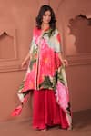 Surkh Syahi_Pink Silk, Cotton Round Neck Bageecha Asymmetric Cape Set _at_Aza_Fashions