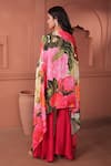 Shop_Surkh Syahi_Pink Silk, Cotton Round Neck Bageecha Asymmetric Cape Set _at_Aza_Fashions