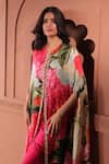 Buy_Surkh Syahi_Pink Silk, Cotton Round Neck Bageecha Asymmetric Cape Set 