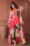 Surkh Syahi_Pink Cotton, Silk Beads Round Neck Bageecha Slouch Crop Top With Pant _at_Aza_Fashions
