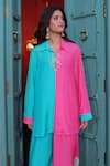 Surkh Syahi_Aqua Cotton, Muslin Embroidery Collared Banjara Co-ord Pant Set _Online_at_Aza_Fashions