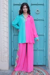 Buy_Surkh Syahi_Aqua Cotton, Muslin Embroidery Collared Banjara Co-ord Pant Set _at_Aza_Fashions