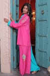 Shop_Surkh Syahi_Aqua Cotton, Muslin Embroidery Collared Banjara Co-ord Pant Set _at_Aza_Fashions