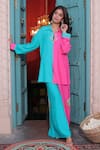 Shop_Surkh Syahi_Aqua Cotton, Muslin Embroidery Collared Banjara Co-ord Pant Set _Online_at_Aza_Fashions