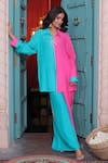 Surkh Syahi_Aqua Cotton, Muslin Embroidery Collared Banjara Co-ord Pant Set _at_Aza_Fashions