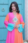 Surkh Syahi_Aqua Cotton, Muslin Sequins, Tassels V-neck Banjara A-line Kurta Set _Online_at_Aza_Fashions