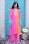 Shop_Surkh Syahi_Aqua Cotton, Muslin Sequins, Tassels V-neck Banjara A-line Kurta Set _Online_at_Aza_Fashions