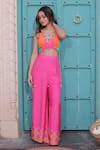 Surkh Syahi_Aqua Cotton, Muslin Beads, Tassels Round Neck Banjara Co-ord Pant Set _at_Aza_Fashions