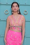 Shop_Surkh Syahi_Magenta Cotton Embroidery, Zari V-neck Banjara Co-ord Skirt Set _Online_at_Aza_Fashions