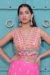 Surkh Syahi_Magenta Cotton Embroidery, Zari V-neck Banjara Co-ord Skirt Set _at_Aza_Fashions
