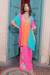 Buy_Surkh Syahi_Aqua Cotton, Muslin Embroidery Round Neck Banjara Colorblock Kaftan With Pant _at_Aza_Fashions