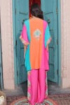 Shop_Surkh Syahi_Aqua Cotton, Muslin Embroidery Round Neck Banjara Colorblock Kaftan With Pant _at_Aza_Fashions