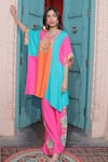 Buy_Surkh Syahi_Aqua Cotton, Muslin Embroidery Round Neck Banjara Colorblock Kaftan With Pant _Online_at_Aza_Fashions