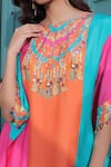 Shop_Surkh Syahi_Aqua Cotton, Muslin Embroidery Round Neck Banjara Colorblock Kaftan With Pant _Online_at_Aza_Fashions