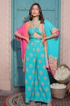 Buy_Surkh Syahi_Aqua Cotton, Muslin Beads Open , Halter Banjara Co-ord Pant Set _at_Aza_Fashions