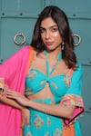 Surkh Syahi_Aqua Cotton, Muslin Beads Open , Halter Banjara Co-ord Pant Set _Online_at_Aza_Fashions