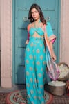 Surkh Syahi_Aqua Cotton, Muslin Beads Open , Halter Banjara Co-ord Pant Set _at_Aza_Fashions