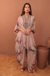 Buy_Surkh Syahi_Mauve Cotton Embroidery V-neck Carnation Crush Kaftan Set _at_Aza_Fashions