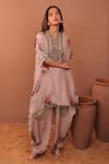 Surkh Syahi_Mauve Cotton Embroidery V-neck Carnation Crush Kaftan Set _Online_at_Aza_Fashions