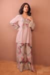Shop_Surkh Syahi_Mauve Cotton, Muslin Embroidery V-neck Carnation Crush Tunic Set _Online_at_Aza_Fashions