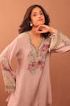 Surkh Syahi_Mauve Cotton, Muslin Embroidery V-neck Carnation Crush Tunic Set _at_Aza_Fashions