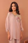 Buy_Surkh Syahi_Mauve Cotton, Muslin Embroidery V-neck Carnation Crush Kimono Tunic Set _Online_at_Aza_Fashions