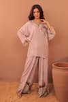 Buy_Surkh Syahi_Mauve Cotton, Muslin Embroidery V-neck Carnation Crush Kimono Tunic Set _at_Aza_Fashions