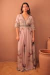 Buy_Surkh Syahi_Mauve Cotton, Muslin Embroidery V-neck Carnation Crush Jumpsuit _at_Aza_Fashions