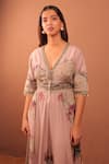 Shop_Surkh Syahi_Mauve Cotton, Muslin Embroidery V-neck Carnation Crush Jumpsuit _Online_at_Aza_Fashions