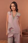 Surkh Syahi_Mauve Cotton, Muslin V-neck Carnation Crush Co-ord Pant Set _at_Aza_Fashions