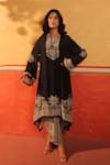 Buy_Surkh Syahi_Black Crepe Embroidery Notched Neck Pandora Asymmetric Kurta Set _at_Aza_Fashions