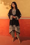 Surkh Syahi_Black Crepe Embroidery Notched Neck Pandora Asymmetric Kurta Set _Online_at_Aza_Fashions
