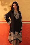 Shop_Surkh Syahi_Black Crepe Embroidery Notched Neck Pandora Asymmetric Kurta Set _Online_at_Aza_Fashions