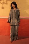 Surkh Syahi_Black Crepe Embroidery Round Neck Pandora Tunic With Pant _at_Aza_Fashions