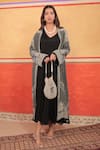 Buy_Surkh Syahi_Black Crepe Embroidery Open Neck, Pandora Long Jacket And Dress Set _at_Aza_Fashions