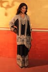 Shop_Surkh Syahi_Black Crepe Embroidery V-neck Pandora Kaftan Set _Online_at_Aza_Fashions